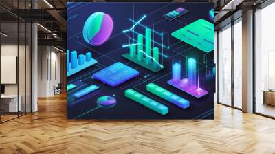 A digital dashboard displaying various charts and graphs, including bar charts, line graphs, and pie charts, representing data analytics and visualization in a futuristic style. Wall mural