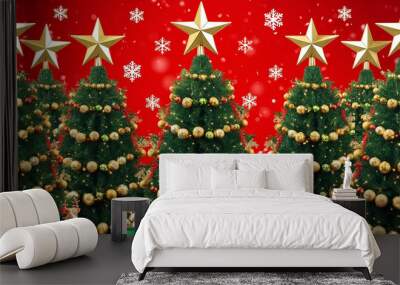 A festive scene with multiple Christmas trees decorated with red and gold ornaments, surrounded by wrapped presents and falling snowflakes against a red background. Wall mural