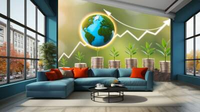 Coins stacked with growing plants and a globe, symbolizing financial growth, sustainable investment, and the rise of the green economy for a better future. Wall mural