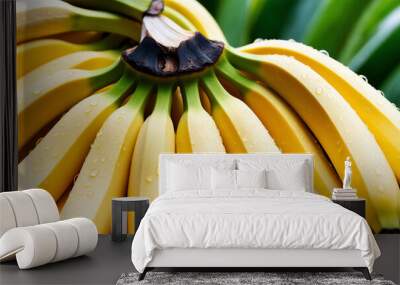 Macro shot of yellow bananas with water droplets on the peel, creating a fresh, vibrant, and realistic design with a tropical and appetizing appearance. Wall mural