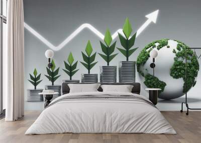 Stacked coins with growing green plants and a globe covered in greenery, symbolizing sustainable financial growth, eco-friendly investments, and the rise of the green economy. Wall mural