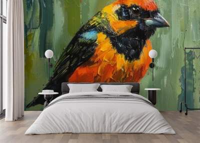 Flame-faced Tanager on mossy stick against green background Wall mural