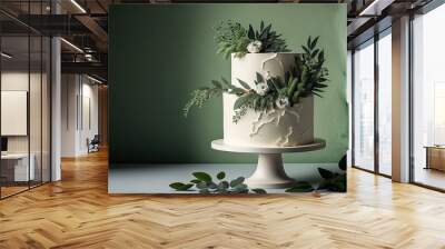 Generative AI illustration of rustic style wedding cake decorated with greenery and flowers in green studio background Wall mural