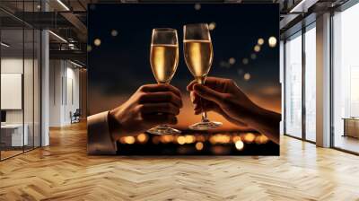 hands with champagne glasses toasting with defocused background lights Wall mural