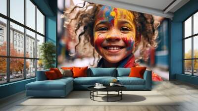 Little girl with her face painted with colorful paints. AI generative Wall mural