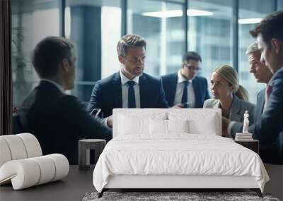 People in suits are working on a business meeting. Wall mural