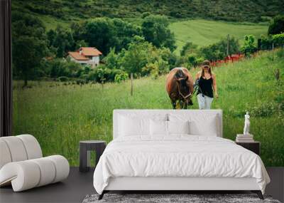 Woman with brown horse walking in a meadow Wall mural