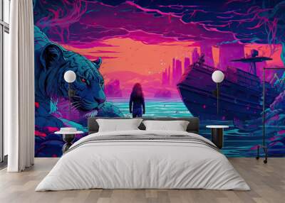 Tiger woman in the sea with a boar retrowave illustration made with Generative AI Wall mural