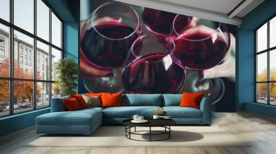 view from above of hands with glasses of wine toasting Wall mural