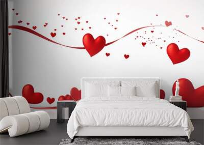 white background with hearts and ribbons decorated for Valentine's Day Wall mural