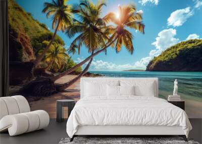 A beautiful beach scene with two palm trees and a sunset in the background Wall mural