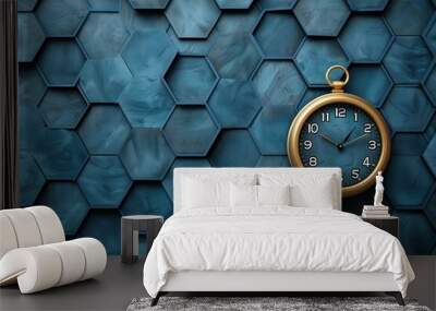 A clock is set to the time of 10:30 in a pattern of blue hexagons Wall mural