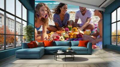 A group of people are sitting on a blanket on the beach Wall mural