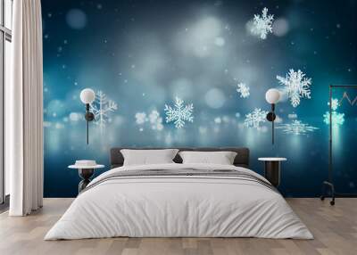 Christmas snowy background with shiny white snowflakes. Winter blue background. Abstract christmas illustration for background, design, template, banner Wall mural