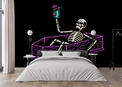 RESTING SKELETON WITH COCKTAIL IN A COFFIN COLOR BLACK BACKGROUND Wall mural