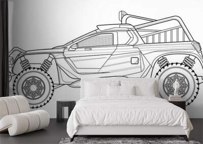 Coloring page contouring for book and drawing. Concept vector illustration. Truck drive vehicle. Graphic element. Car wheel. Black contour sketch illustrate Isolated on white background. Wall mural