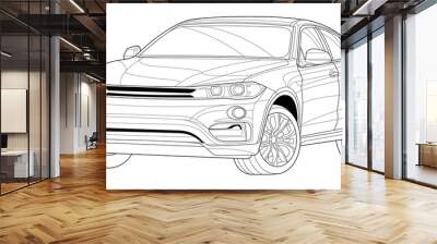 Coloring page vector line art for book and drawing. Illustration car. Black contour sketch illustrate Isolated on white background. High speed drive vehicle. Graphic element. Stroke without fill Wall mural