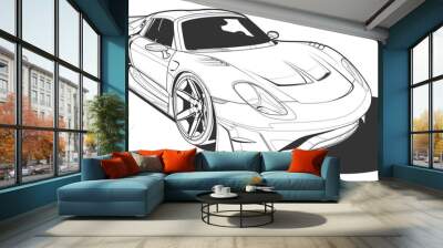 Vector line art car, concept design. Vehicle black contour outline sketch illustration isolated on white background. Stroke without fill. Cower drawing. Black-white icon. Wall mural