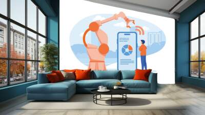  Smart industry concept. man standing near smart phone and robot arm, industrial factory.  flat vector modern illustration  Wall mural