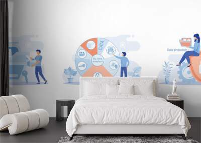 Big data analytics platform, data management and protection, Data center room disk infrastructure business information safety. Technology Internet and network, set flat vector modern illustration Wall mural