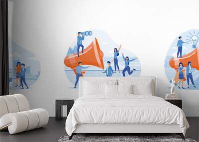 Big megaphone with a small people, teamwork, promoter speaks people, Promoter speaks in big megaphone and attracts buyers of investors and businessmen. Business promotion set flat vector modern illust Wall mural