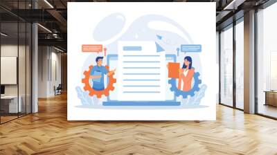 Business team editing shared document on laptop online. Shared document, shared folder access, collaborative document editing concept, flat vector modern illustration Wall mural