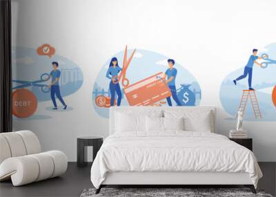 Businessman helped girl get out of debt. Debt burden concept. Cutting debt, businessman's hand holding scissors to cut debt. Set flat vector modern illustration Wall mural