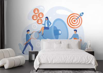 Businessman look with magnifier at target group. Market segmentation and adverts, target market and customer concept on white background, flat vector modern illustration Wall mural