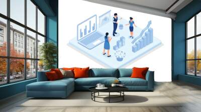 Characters analyzing stock market data and planning investment strategy. People examining financial graphs, charts and diagrams. Stock trading concept, isometric vector modern illustration Wall mural