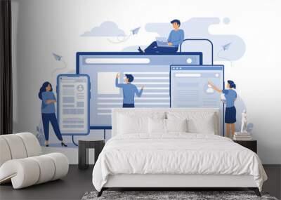 concept of web page design and development of mobile websites, small people are working on creating a website, applications, transferring information. flat design modern illustration Wall mural