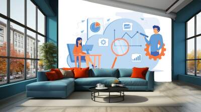 Developers drawing chart, monitoring applications. Computing resourses, operaing data and services, cloud technology organization and management concept. flat vector modern illustration Wall mural