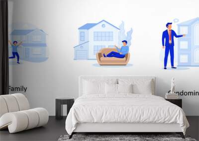 Family house, Private Residence, Condominium. Real estate market abstract concept vector illustration set. Wall mural