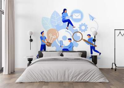 Finding new ideas. problem solving. Vector illustration banner.Teamwork search for solutions Miniature people team working flat modern design illustration Wall mural