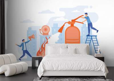 Firefighter extinguishing flame character. Rescuer dangerous job. Fire protection, fire prevention technologies, fire protection services concept. flat vector modern illustration Wall mural