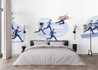 Group of businessmen rushing for work while one of them fall badly, CBusinessman flying up by rocket, Businessman arrow man male cartoon business icon, set flat vector modern illustration Wall mural