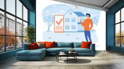 Home and house smart control remote wireless technology smart phone connection or internet distance surveillance automation app on mobile phone app. flat vector modern illustration Wall mural