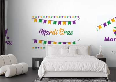 Mardi Gras purple and green text with masquerade mask and fleurs-de-lis, Mardi Gras bunting background with confetti stars, mardigras poster for party or post to social media, set vector illustration Wall mural