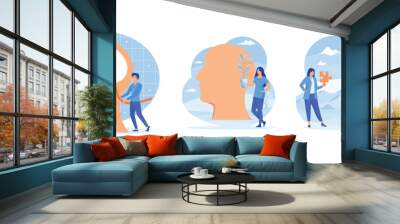 Mental health concept. Character with mental disorder fight against stress. Depression, emotional burnout and other psychological problems. Set flat vector modern illustration Wall mural