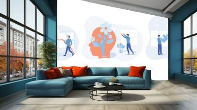 Mental health illustration set. Character with mental disorder fight against stress, depression, emotional burnout and other psychological problems. Psychotherapy concept.set  flat vector modern illus Wall mural