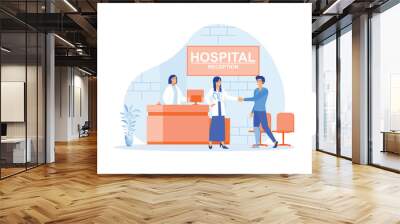 Modern clinic reception, Hospital visit, happy physician and patient handshake at front desk, flat vector modern illustration Wall mural