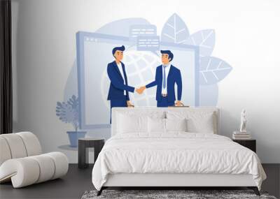 online conclusion of the transaction. the opening of a new startup. business handshake, via phone and laptop. flat design modern illustration Wall mural