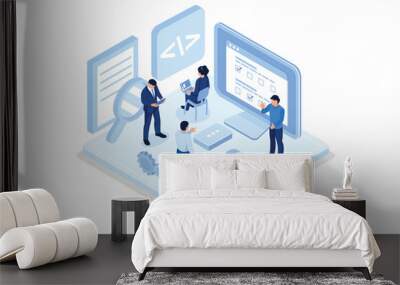 People characters developing software and sending data to cloud storage. Developers team programming and writing program code. Development process concept, isometric vector modern illustration Wall mural