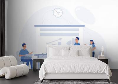 People work together making a plan on a board, mark tasks, track execution of tasks. Working process, teamwork communication, flat vector modern illustration Wall mural