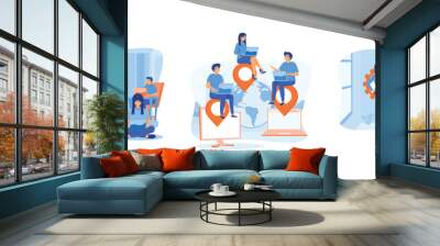 Remote workers work together on project scene, Company development and strategy and business planning, The idea team work and project delegation. Outsourcing set flat vector modern illustration Wall mural