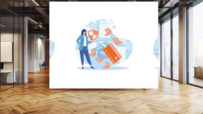 Secure payment.   Woman protecting bank card and banknote with shield. Online Shopping. Secure Payment set flat vector modern illustration   Wall mural