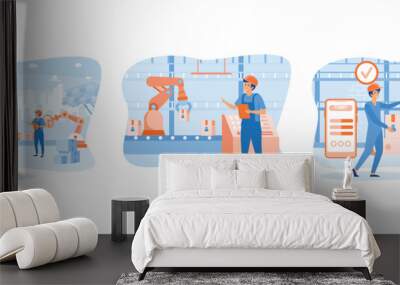 Smart industry.Industry factory works robotic arm. Innovative manufacturing. Smart industry set flat vector modern illustration  Wall mural