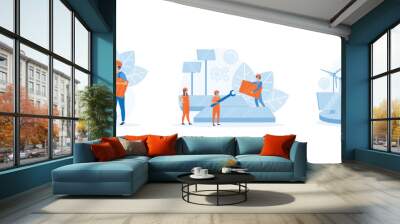 Solar panel installation concept, Installing solar modules. Scene with professional team and panels, set flat vector modern illustration Wall mural