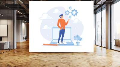 Support staff help fixing technical problem, help desk or operator with phone call or chat to assist customer concept, flat vector modern illustration Wall mural