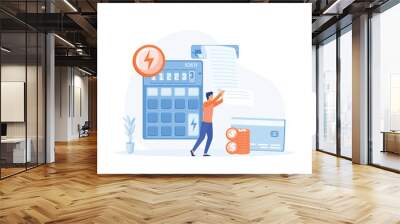 Sustainability, Home energy efficiency audit concept. Person checks heating meter and calculates household utility bill. flat vector modern illustration Wall mural