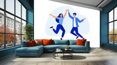 Team success winners, hi five or congratulation on business goal achievement, collaboration or encouragement concept, happy businessman and woman teamwork coworkers jumping and hi five clapping hands. Wall mural